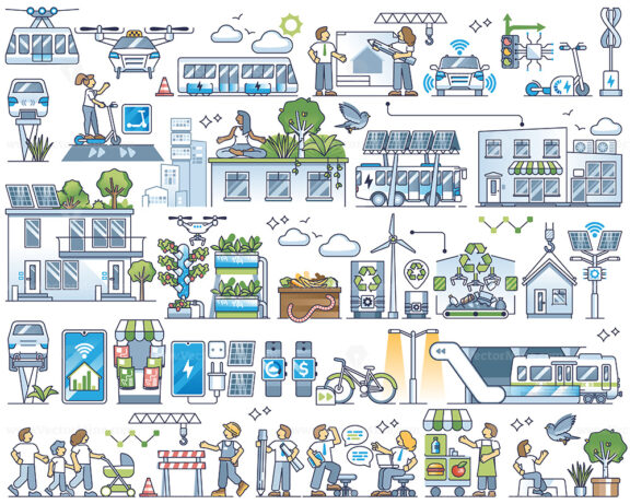Smart city infrastructure and urban development in outline collection set
