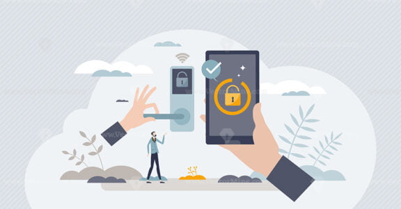 Smart door lock with digital smartphone key access tiny person concept