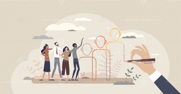 Social connection and business person group communication tiny person concept
