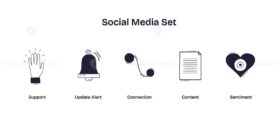 Social media communication icons showing support, alerts, connection, content, and sentiment in a playful, hand-drawn style. Doodle style icons