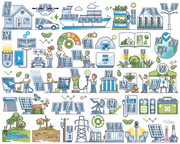 Solar energy and sun panels for electricity generation outline collection set