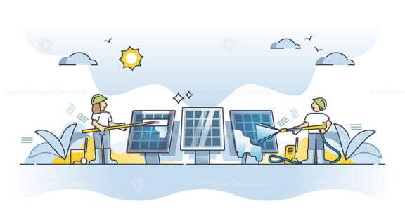 Solar panel cleaning for effective sunlight collector cells outline concept