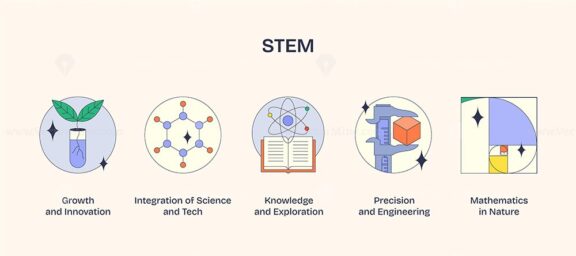 STEM concepts illustrated with icons, plant in flask, molecule, open book. Neubrutalism style.
