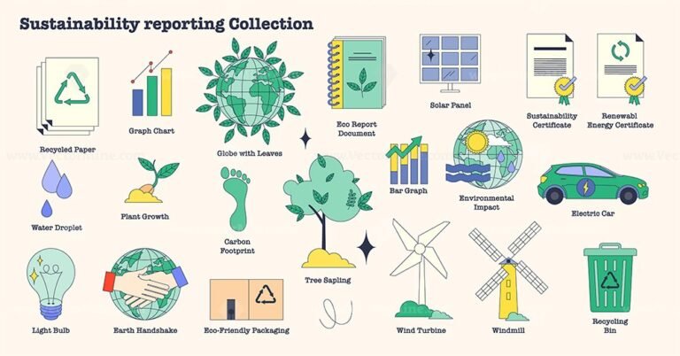 Sustainability reporting to reduce CO2 tiny person neubrutalism collection