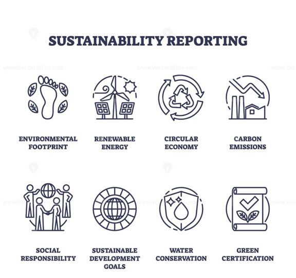 Sustainability reporting and corporate ecology outline icons collection set