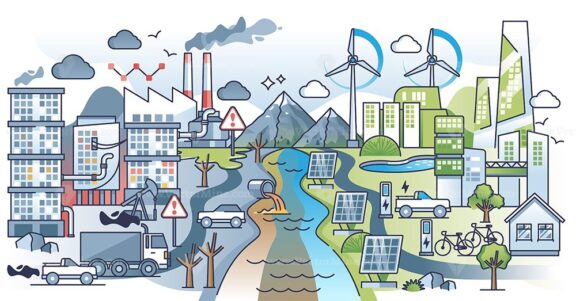 Sustainability vs pollution as city power source comparison outline concept