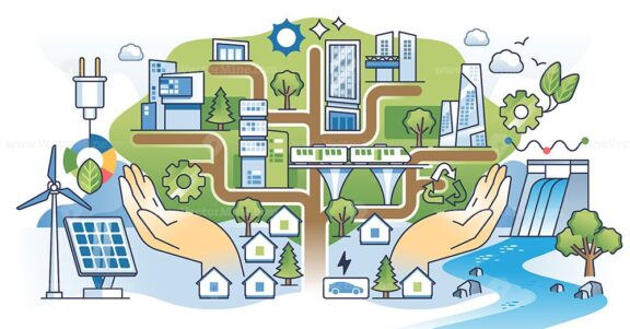 Sustainable city with green energy and lush parks outline hands concept