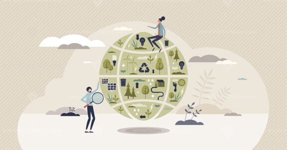 Sustainable communities and environmental friendly homes tiny person concept