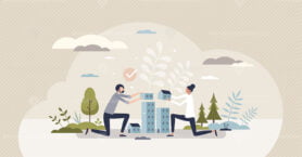 Sustainable communities and environmental house building tiny person concept