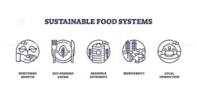 Sustainable food systems focus on nurturing growth, eco-friendly eating, resource efficiency, biodiversity, and local production. Outline icons set