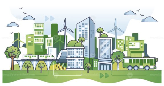 Sustainable green city with alternative and ecological power outline concept