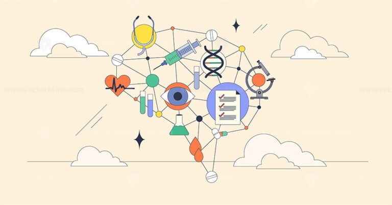 Systems thinking in healthcare visualized with interconnected icons like DNA, heart, and microscope. Neubrutalism style.