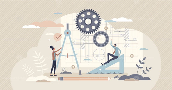 Technical drawing with mechanical blueprint design sketch tiny person concept