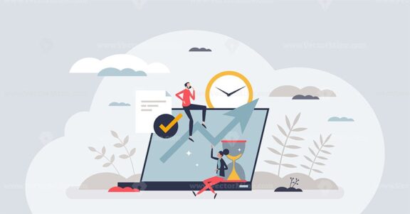Time tracking and effective working hours management tiny person concept