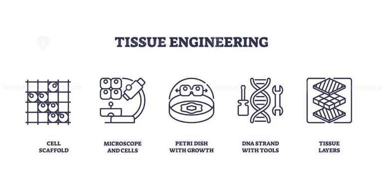 Tissue engineering involves cell scaffolds, microscopes, and DNA strands to innovate medical solutions. Outline icons set.