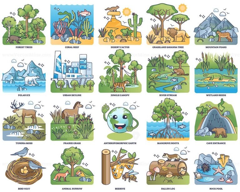 Types of habitats and various wildlife fauna examples outline collection set