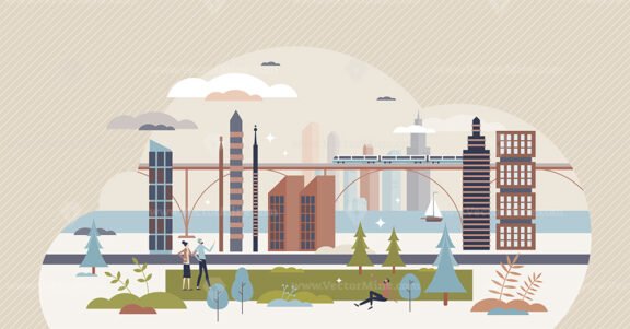 Urban ecology and sustainable city scene with tree park tiny person concept