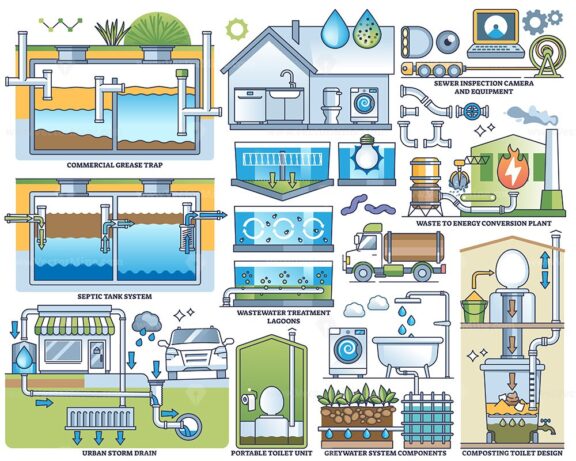 Waste water management and sewage treatment system outline collection set