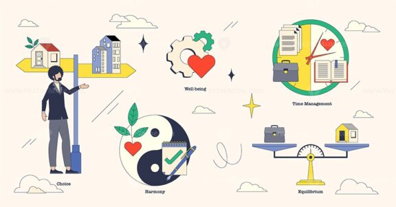 Work life balance for family vs work time management neubrutalism collection set. Labeled elements with choice, harmony, well-being and equilibrium vector illustration. Happiness and priorities.